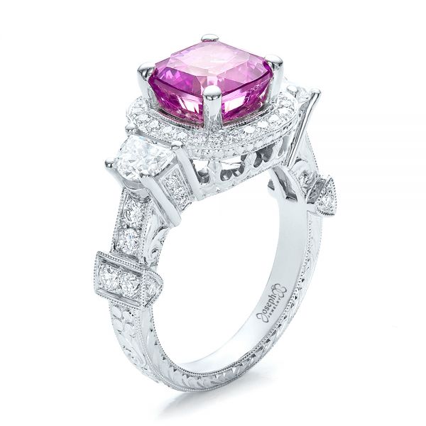 14k White Gold Custom Sapphire And Diamond Halo Engagement Ring - Three-Quarter View - 100270