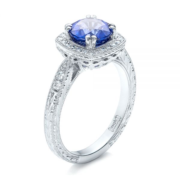 18k White Gold 18k White Gold Custom Sapphire And Diamond Halo Engagement Ring - Three-Quarter View -  102036