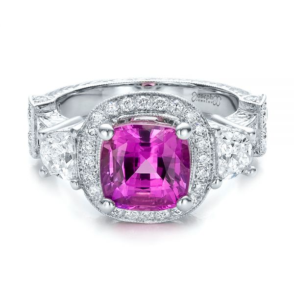 14k White Gold Custom Sapphire And Diamond Halo Engagement Ring - Flat View - 100270