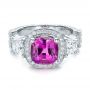 14k White Gold Custom Sapphire And Diamond Halo Engagement Ring - Flat View -  100270 - Thumbnail
