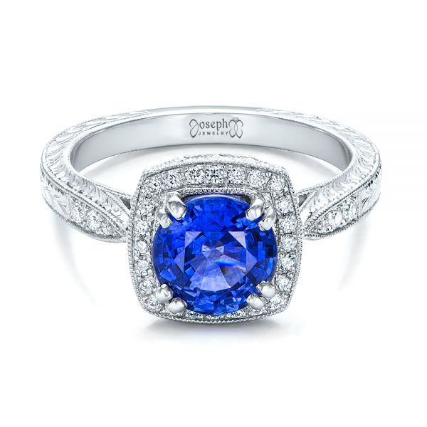 18k White Gold 18k White Gold Custom Sapphire And Diamond Halo Engagement Ring - Flat View -  102036