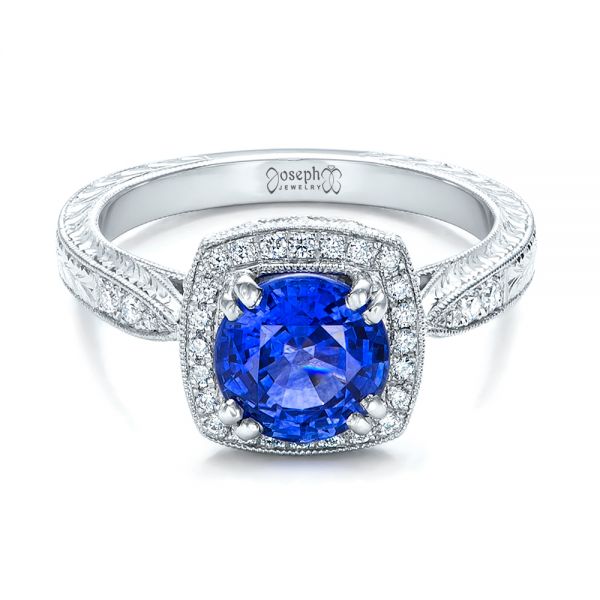 Platinum Custom Sapphire And Diamond Halo Engagement Ring - Flat View - 102036