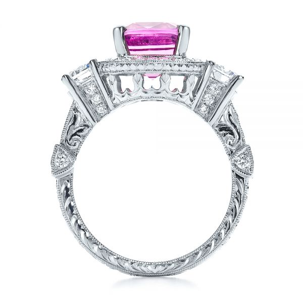 14k White Gold Custom Sapphire And Diamond Halo Engagement Ring - Front View - 100270