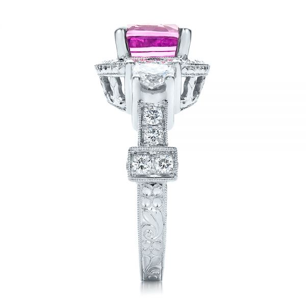 14k White Gold Custom Sapphire And Diamond Halo Engagement Ring - Side View - 100270