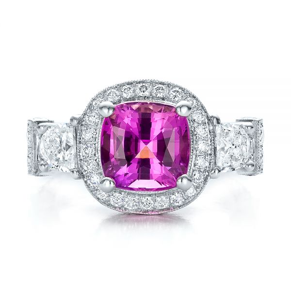 14k White Gold Custom Sapphire And Diamond Halo Engagement Ring - Top View - 100270