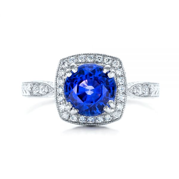 14k White Gold 14k White Gold Custom Sapphire And Diamond Halo Engagement Ring - Top View -  102036