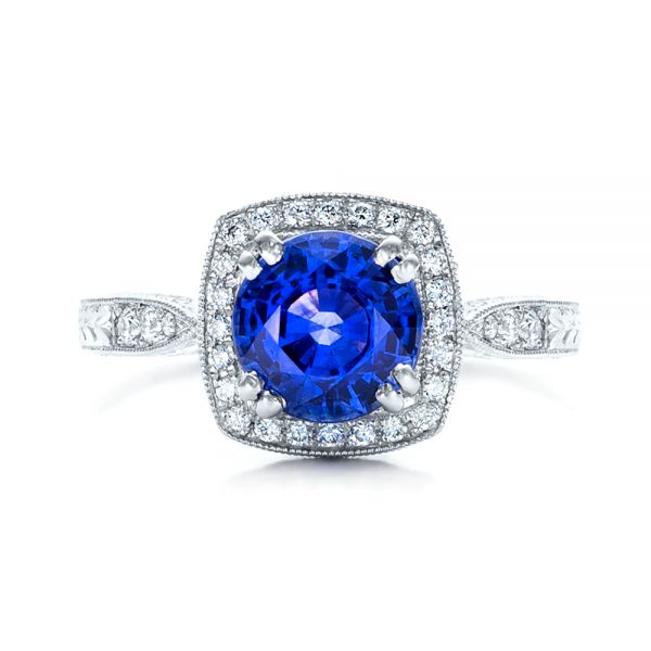 Platinum Custom Sapphire And Diamond Halo Engagement Ring - Top View - 102036