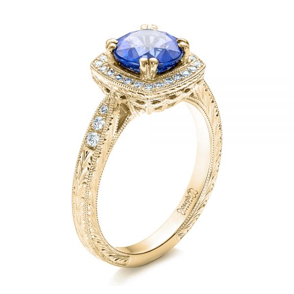 18k Yellow Gold 18k Yellow Gold Custom Sapphire And Diamond Halo Engagement Ring - Three-Quarter View -  102036