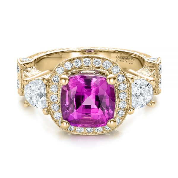 18k Yellow Gold 18k Yellow Gold Custom Sapphire And Diamond Halo Engagement Ring - Flat View -  100270