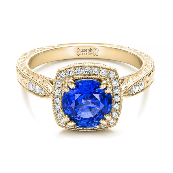 18k Yellow Gold 18k Yellow Gold Custom Sapphire And Diamond Halo Engagement Ring - Flat View -  102036