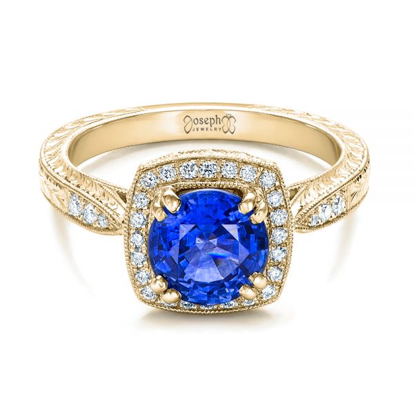14k Yellow Gold 14k Yellow Gold Custom Sapphire And Diamond Halo Engagement Ring - Flat View - 102036
