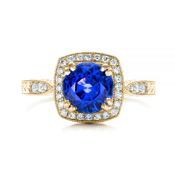 14k Yellow Gold 14k Yellow Gold Custom Sapphire And Diamond Halo Engagement Ring - Top View - 102036