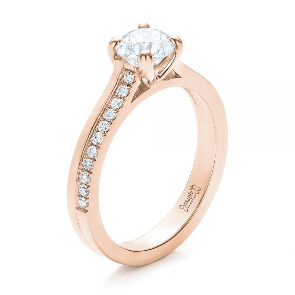 18k Rose Gold 18k Rose Gold Custom Shared Prong Diamond Engagement Ring - Three-Quarter View -  100280