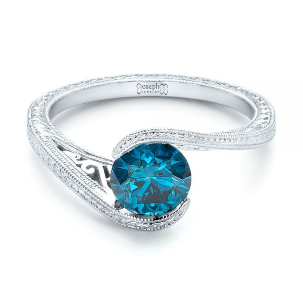 14k White Gold Custom Solitaire Blue Diamond Engagement Ring - Flat View - 102752