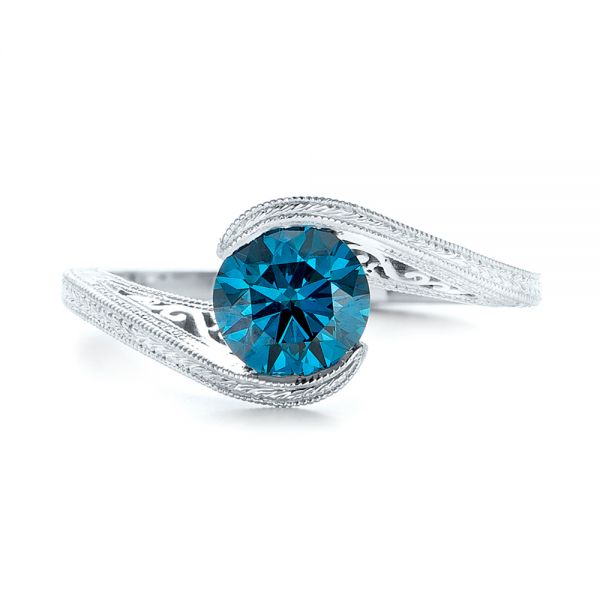 14k White Gold Custom Solitaire Blue Diamond Engagement Ring - Top View - 102752