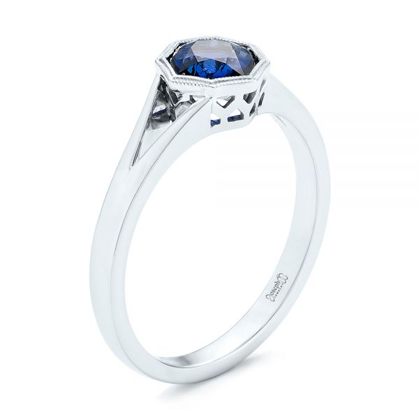 18k White Gold 18k White Gold Custom Solitaire Blue Sapphire Engagement Ring - Three-Quarter View -  103126