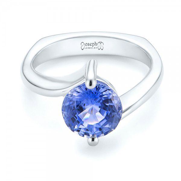 14k White Gold Custom Solitaire Blue Sapphire Engagement Ring - Flat View - 102973
