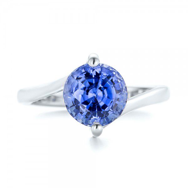 14k White Gold Custom Solitaire Blue Sapphire Engagement Ring - Top View -  102973