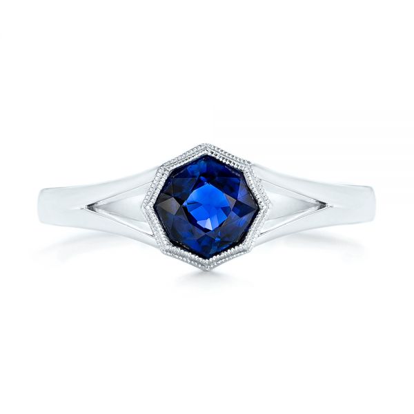 14k White Gold Custom Solitaire Blue Sapphire Engagement Ring - Top View -  103126
