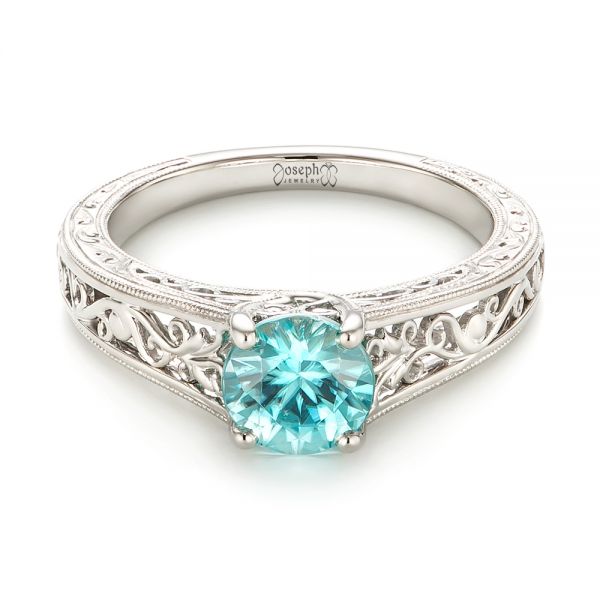 14k White Gold Custom Solitaire Blue Zircon Engagement Ring - Flat View -  103243