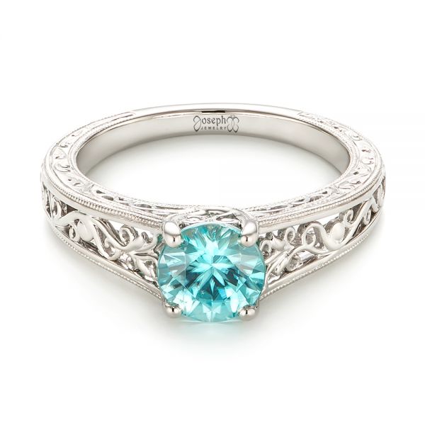 18k White Gold 18k White Gold Custom Solitaire Blue Zircon Engagement Ring - Flat View -  103243