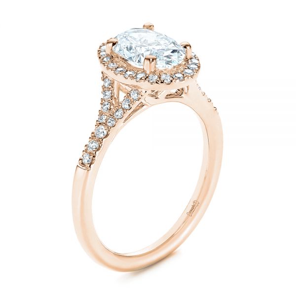 18k Rose Gold 18k Rose Gold Custom Split Shank Diamond Halo Engagement Ring - Three-Quarter View -  105862