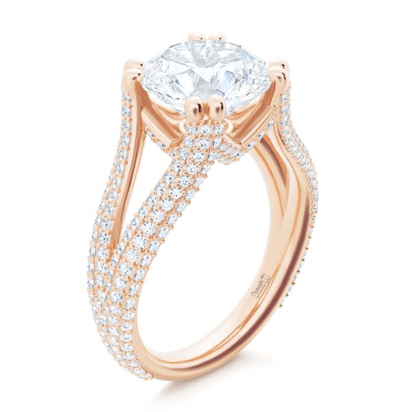 18k Rose Gold 18k Rose Gold Custom Split Shank Diamond Pave Engagement Ring - Three-Quarter View -  107242