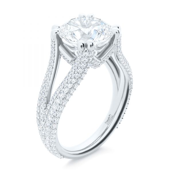  Platinum Custom Split Shank Diamond Pave Engagement Ring - Three-Quarter View -  107242