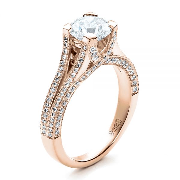 18k Rose Gold 18k Rose Gold Custom Split Shank Engagement Ring - Three-Quarter View -  1440