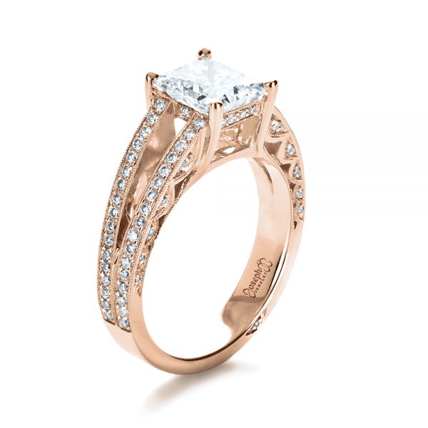 18k Rose Gold 18k Rose Gold Custom Split Shank Princess Cut Engagement Ring - Three-Quarter View -  1132