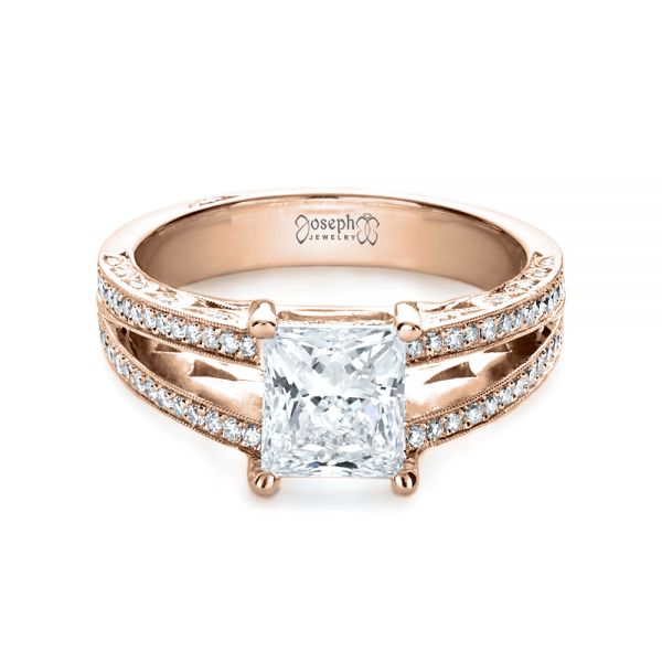 14k Rose Gold 14k Rose Gold Custom Split Shank Princess Cut Engagement Ring - Flat View -  1132