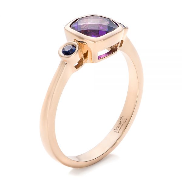 14k Rose Gold Custom Three Stone Amethyst And Sapphire Engagement Ring - Three-Quarter View -  102142