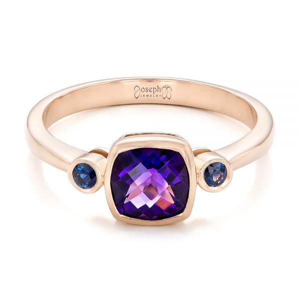 18k Rose Gold 18k Rose Gold Custom Three Stone Amethyst And Sapphire Engagement Ring - Flat View -  102142