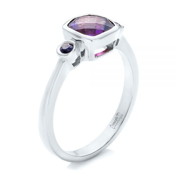 18k White Gold 18k White Gold Custom Three Stone Amethyst And Sapphire Engagement Ring - Three-Quarter View - 102142
