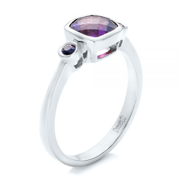 18k White Gold 18k White Gold Custom Three Stone Amethyst And Sapphire Engagement Ring - Three-Quarter View -  102142