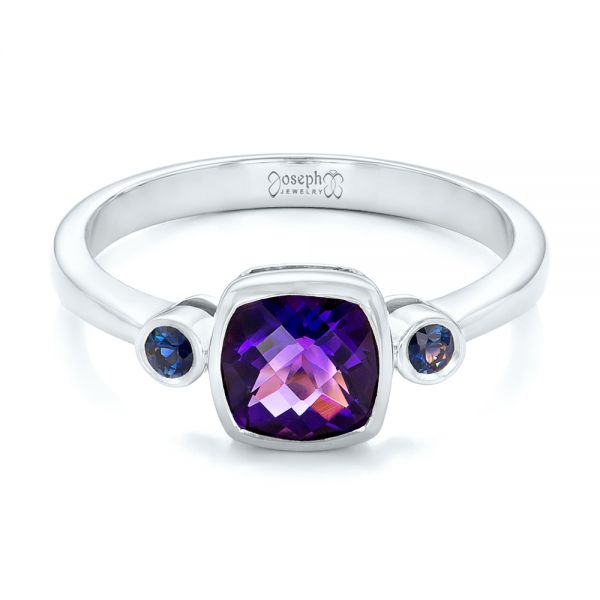 18k White Gold 18k White Gold Custom Three Stone Amethyst And Sapphire Engagement Ring - Flat View - 102142
