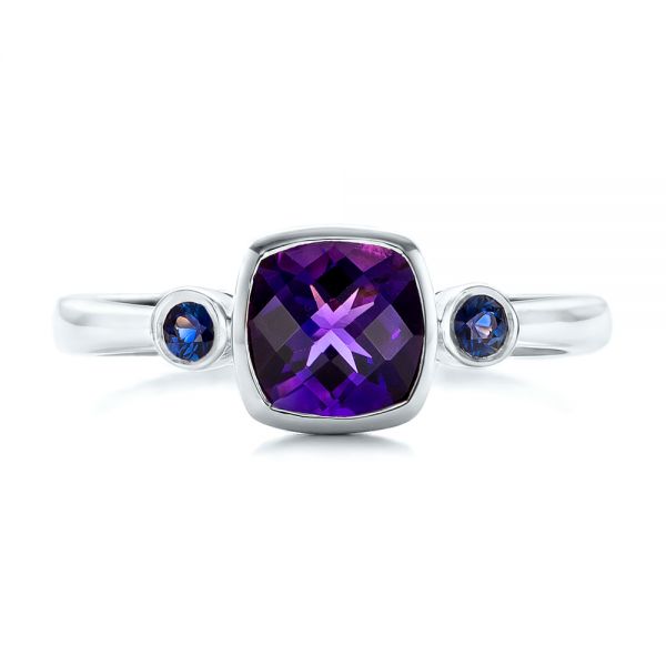 18k White Gold 18k White Gold Custom Three Stone Amethyst And Sapphire Engagement Ring - Top View - 102142