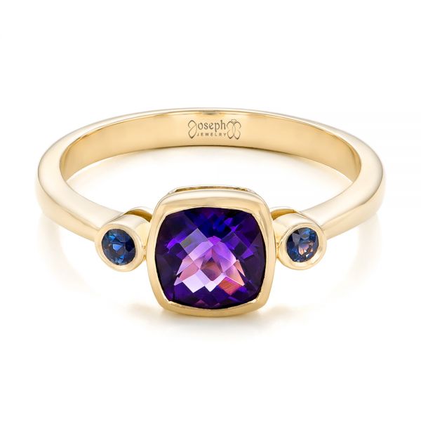 14k Yellow Gold 14k Yellow Gold Custom Three Stone Amethyst And Sapphire Engagement Ring - Flat View -  102142