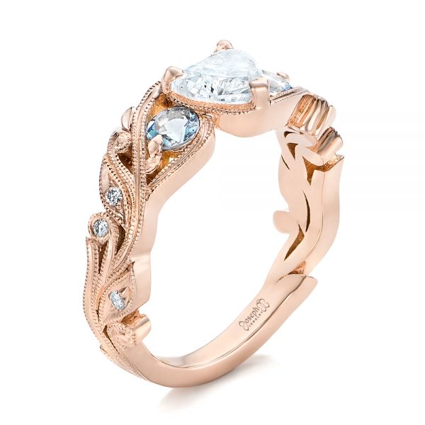 14k Rose Gold Custom Three Stone Aquamarine And Diamond Engagement Ring - Three-Quarter View -  102408