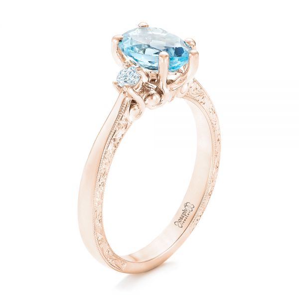 18k Rose Gold 18k Rose Gold Custom Three Stone Aquamarine And Diamond Engagement Ring - Three-Quarter View -  102548