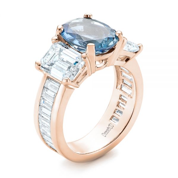 18k Rose Gold 18k Rose Gold Custom Three Stone Aquamarine And Diamond Engagement Ring - Three-Quarter View -  103364