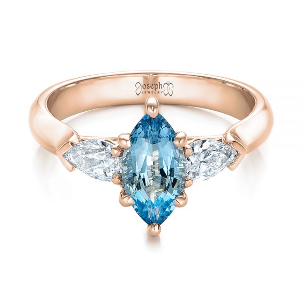 14k Rose Gold 14k Rose Gold Custom Three Stone Aquamarine And Diamond Engagement Ring - Flat View - 102105