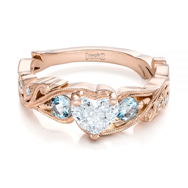 14k Rose Gold Custom Three Stone Aquamarine And Diamond Engagement Ring - Flat View -  102408