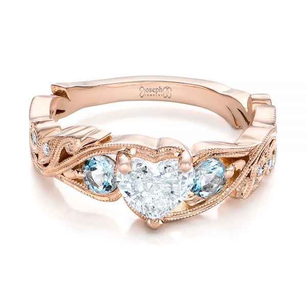 18k Rose Gold 18k Rose Gold Custom Three Stone Aquamarine And Diamond Engagement Ring - Flat View -  102408