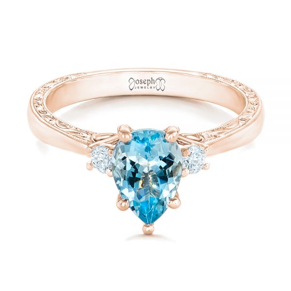 14k Rose Gold 14k Rose Gold Custom Three Stone Aquamarine And Diamond Engagement Ring - Flat View - 102548