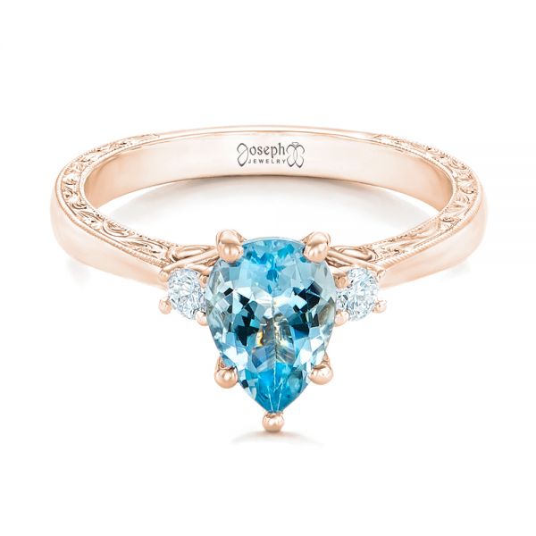 18k Rose Gold 18k Rose Gold Custom Three Stone Aquamarine And Diamond Engagement Ring - Flat View -  102548