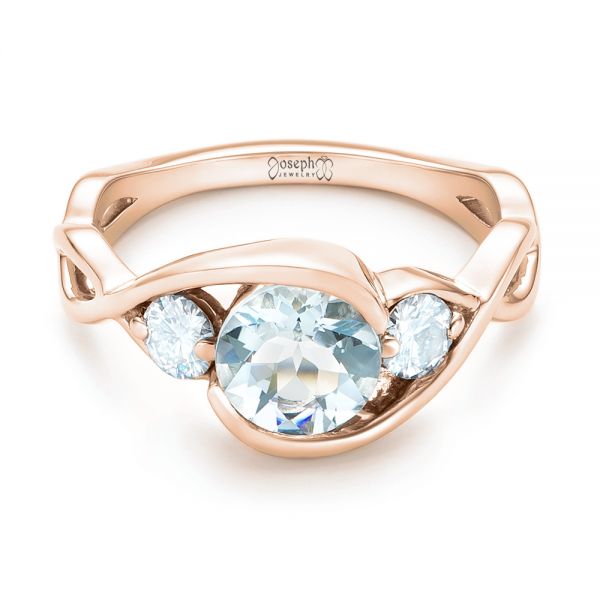 18k Rose Gold 18k Rose Gold Custom Three Stone Aquamarine And Diamond Engagement Ring - Flat View -  102989