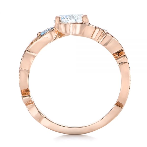 14k Rose Gold Custom Three Stone Aquamarine And Diamond Engagement Ring - Front View -  102408