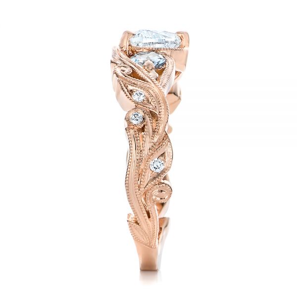 14k Rose Gold Custom Three Stone Aquamarine And Diamond Engagement Ring - Side View -  102408