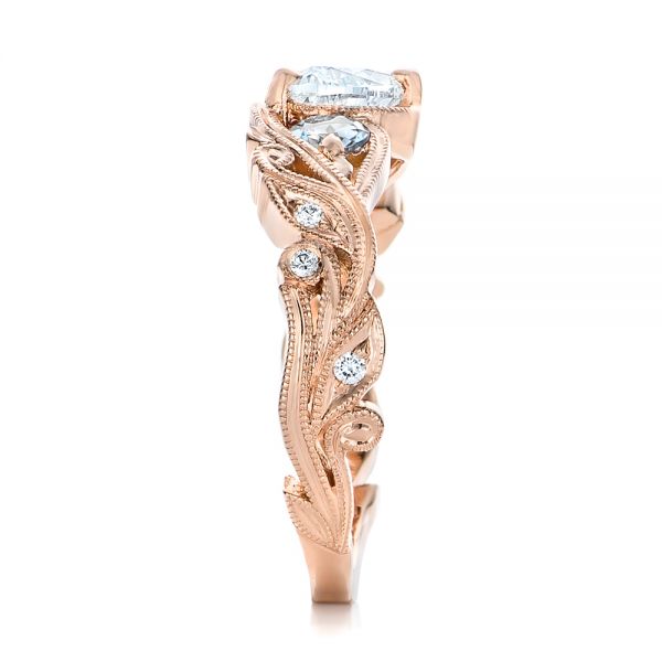 18k Rose Gold 18k Rose Gold Custom Three Stone Aquamarine And Diamond Engagement Ring - Side View -  102408